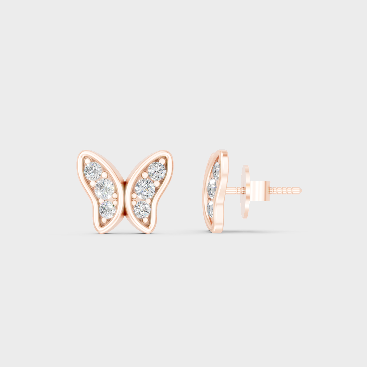 Romantic profile of 0.63 Carat Round Cut Lab-Grown Diamond Butterfly Earrings in blush 14K Rose Gold.